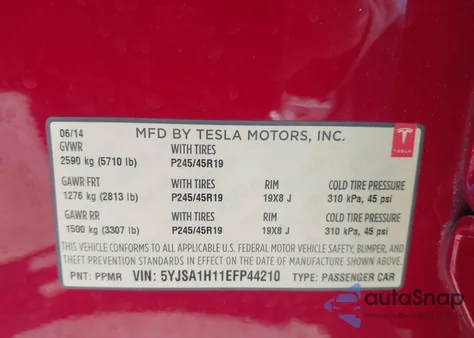 2014 Tesla Model S P85 z USA, uszkodzony, nr VIN 5YJSA1H11EFP44210
